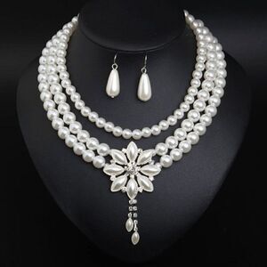 Multi-Layer Pearl Diamond Flower Necklace and Earring Set